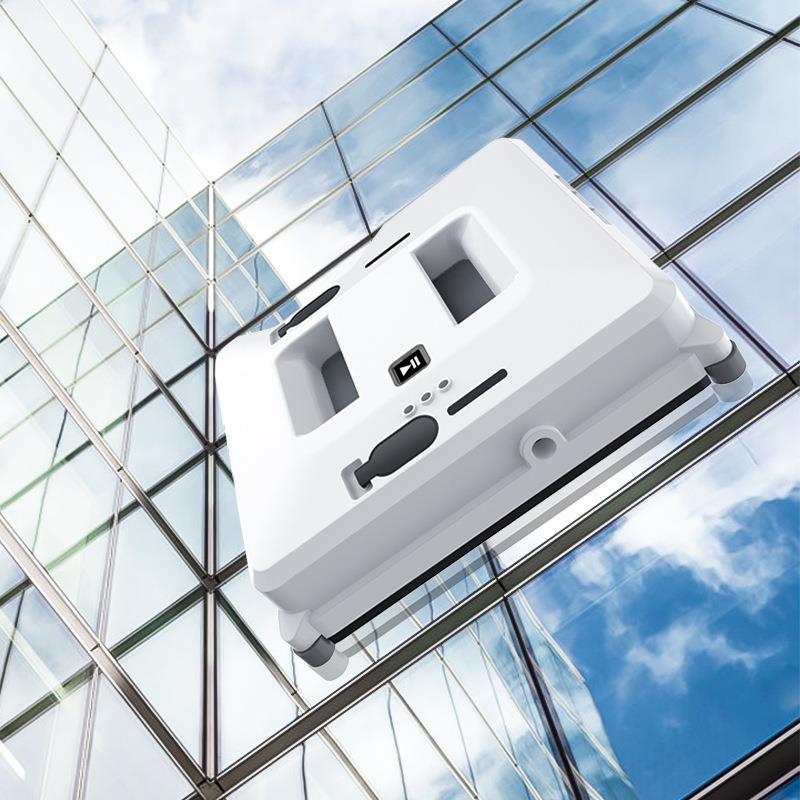 Robot on angled glass under a blue sky