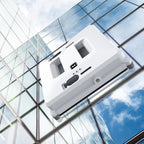 Robot on angled glass under a blue sky