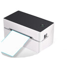 Black and white thermal label printer feeding a label