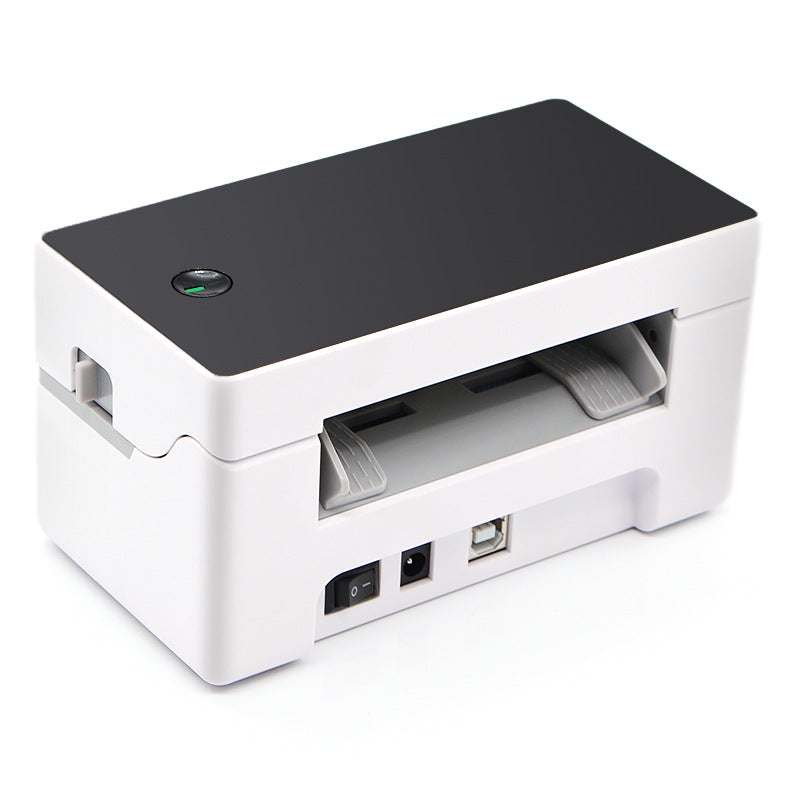 Rear of the printer with the label feed, power and USB ports